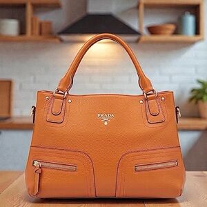 Prada Vintage m Pebbled Leather Front Twin Zip Pocket Satchel